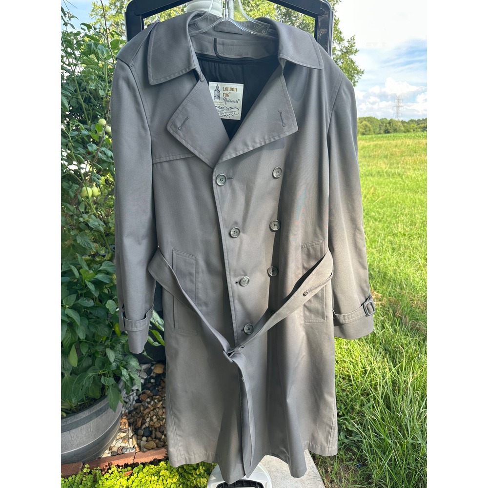 London Fog Maincoats Men Grey Double Breasted Trench Coat Belted 38 Reg USA Made